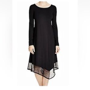 Eileen Fisher Black Midi Dress Long Sleeve Mesh Trim Small